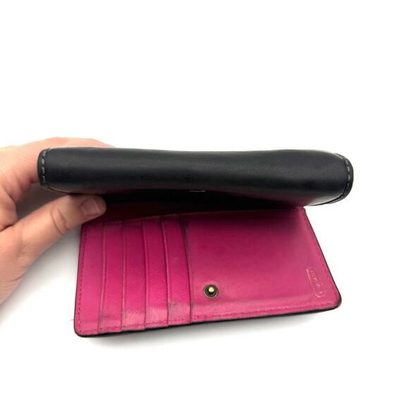 Coach Bleecker Wallet Black Leather Embossed Signature Carriage Logo Pink Lining - Picture 5 of 15